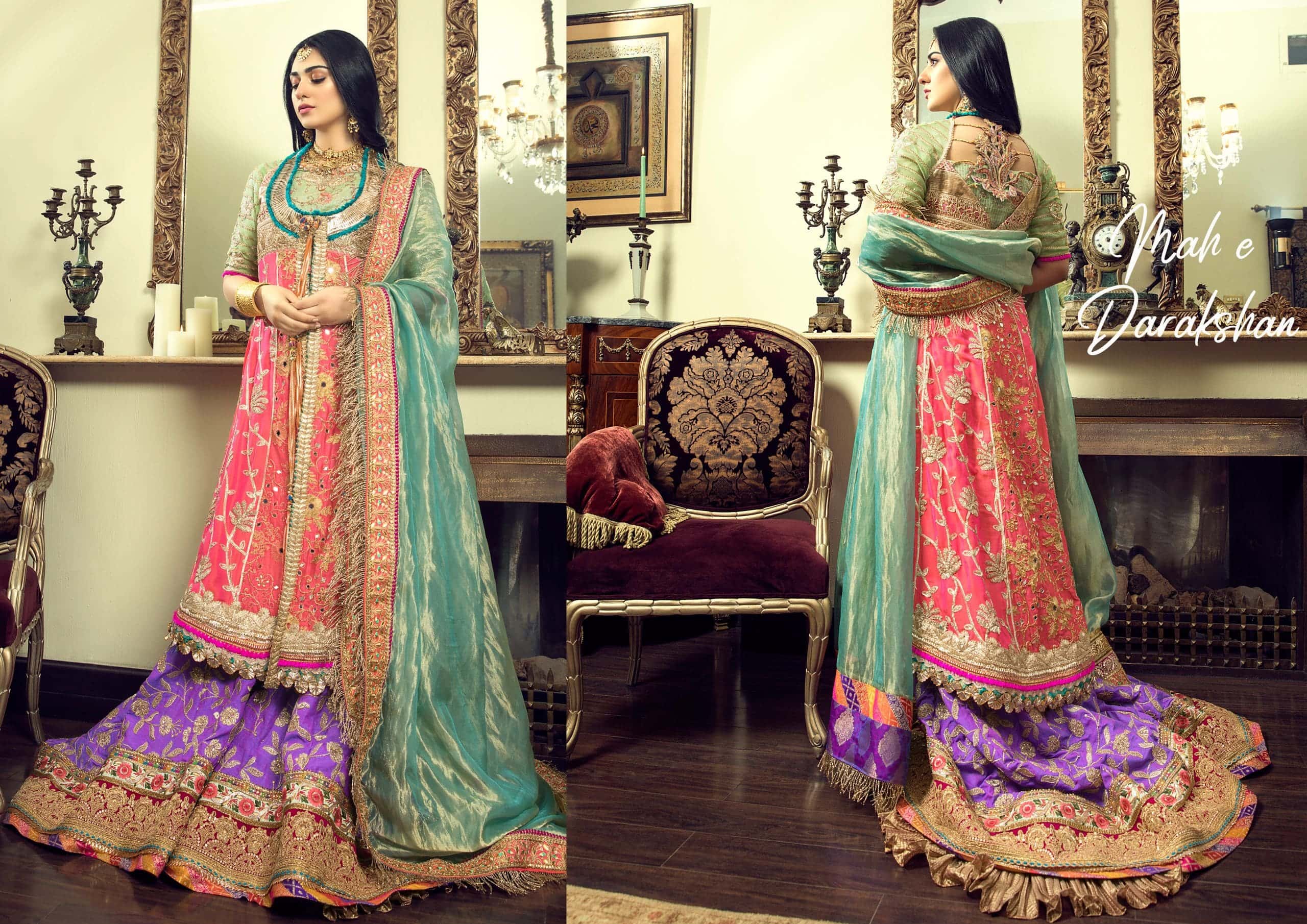 Multi-Coloured Mirror Work Raw Silk Lehenga (3-Piece) - Image 5