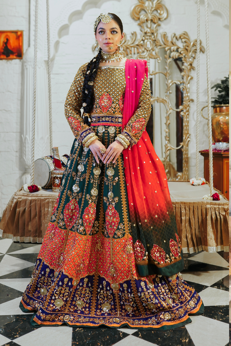 Pakistani Multicolour Embroidered Raw Silk Lehenga Choli (3-Piece) - Image 1