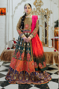 Pakistani Multicolour Embroidered Raw Silk Lehenga Choli (3-Piece) - Image 2