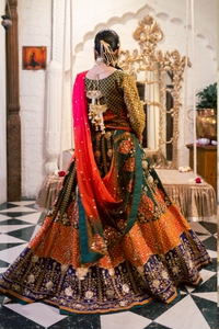 Pakistani Multicolour Embroidered Raw Silk Lehenga Choli (3-Piece) - Image 3