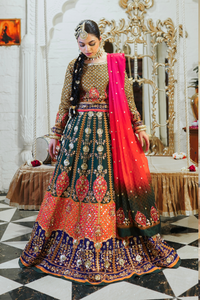Pakistani Multicolour Embroidered Raw Silk Lehenga Choli (3-Piece) - Image 4