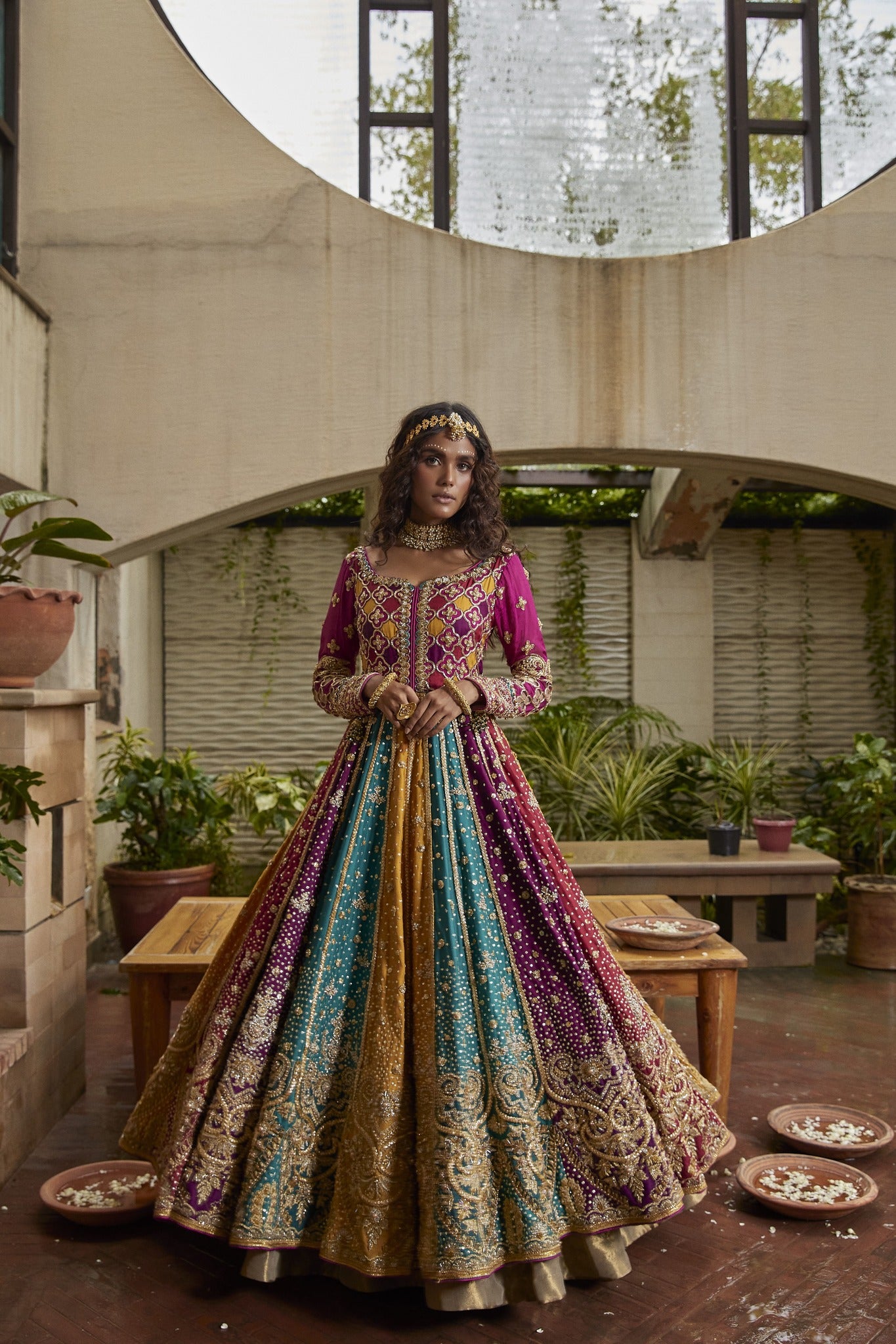 Multi-Colour Embellished Rod Silk Kalidaar Lehenga (3-Piece) - Image 1