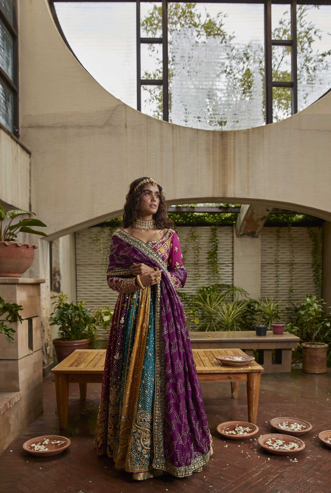 Multi-Colour Embellished Rod Silk Kalidaar Lehenga (3-Piece) - Image 2