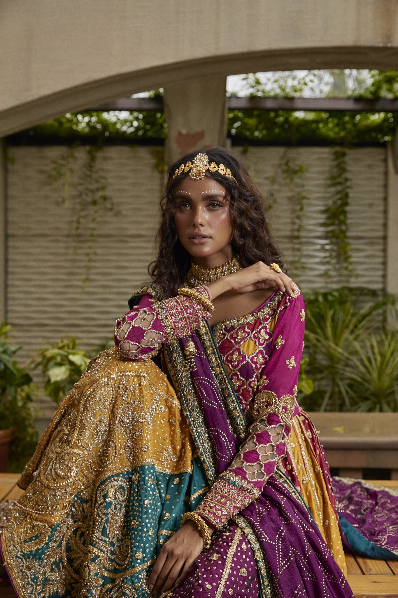 Multi-Colour Embellished Rod Silk Kalidaar Lehenga (3-Piece) - Image 3