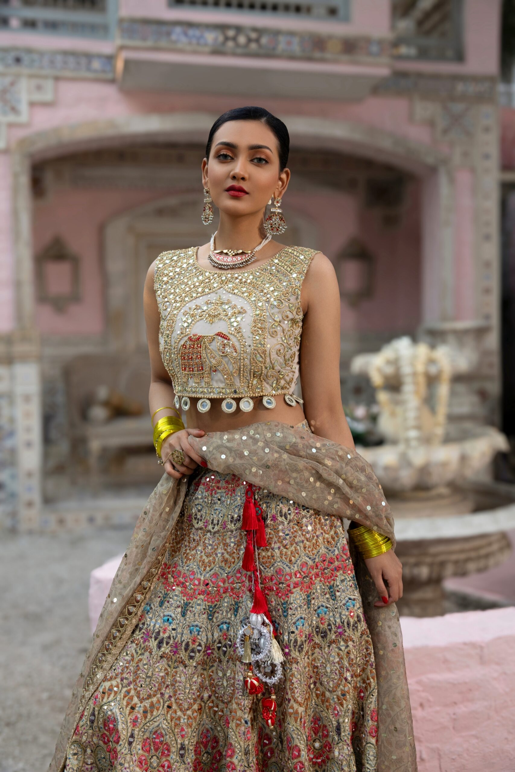 Multicolour Embroidered Silk-Blend Bridal Lehenga (3-Piece) - Image 2