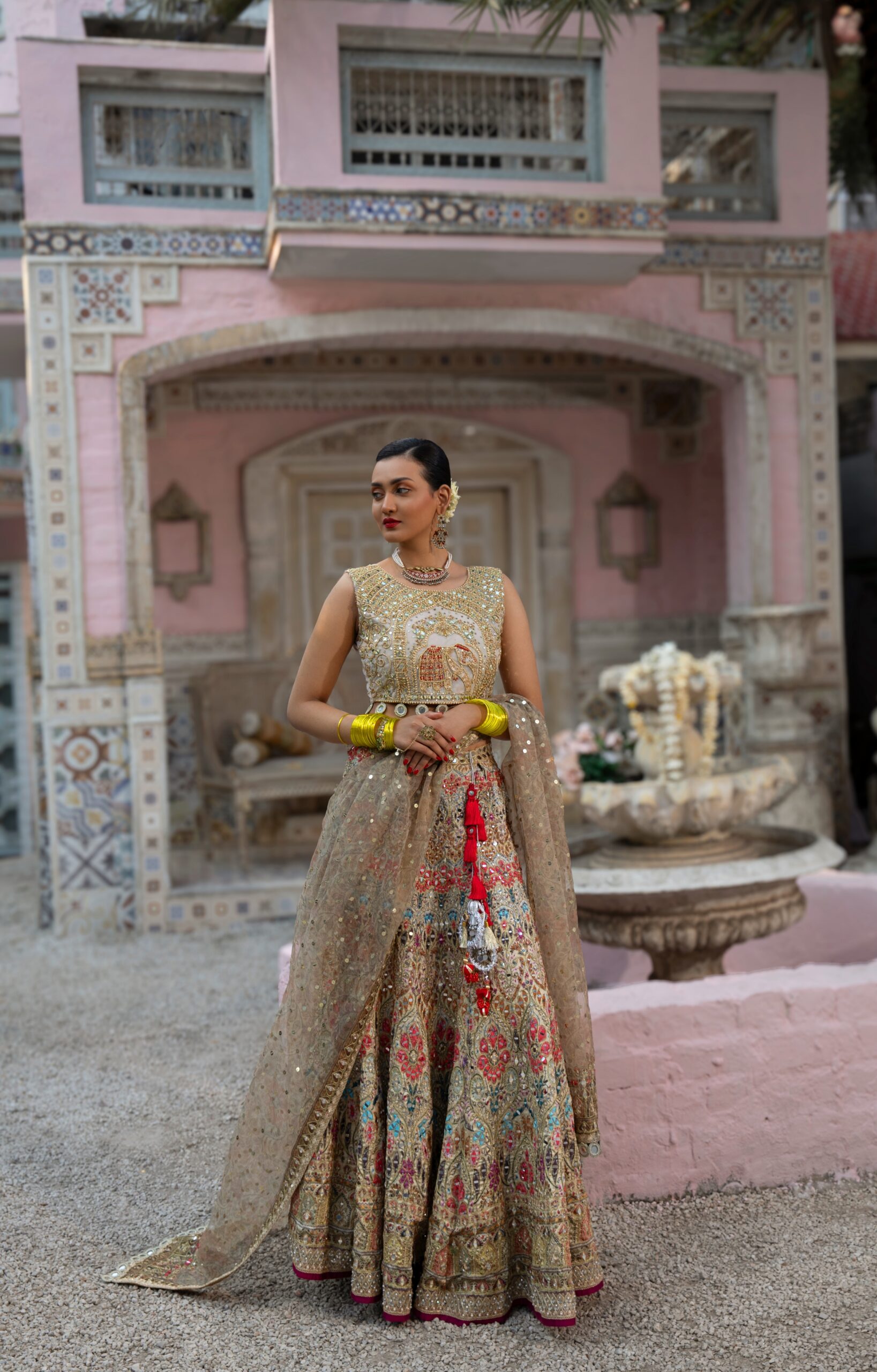 Multicolour Embroidered Silk-Blend Bridal Lehenga (3-Piece) - Image 3