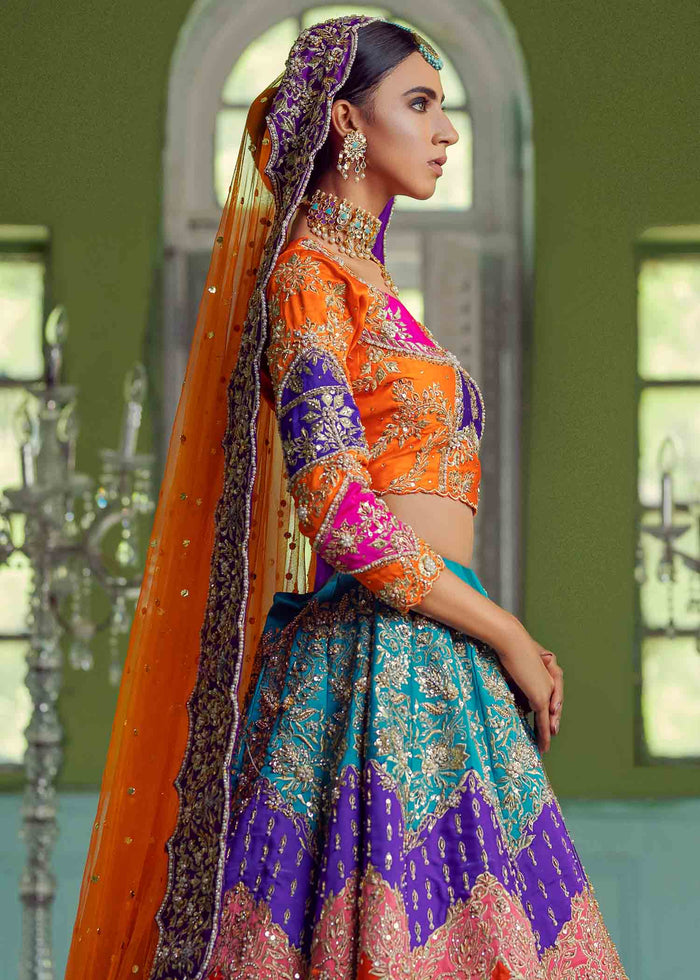 Multi-Colour Embroidered Silk Choli Lehenga (3-Piece) - Image 3