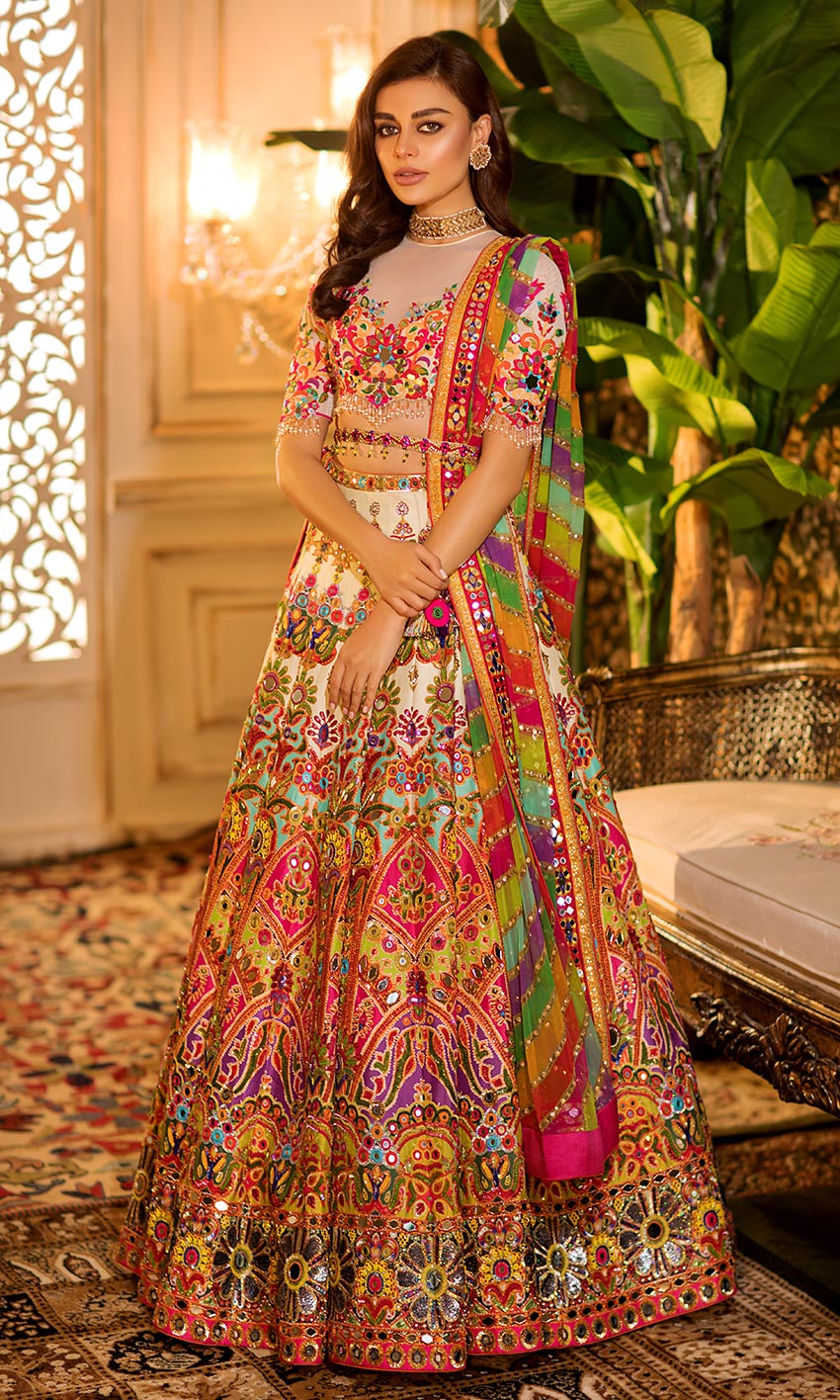 Pakistani Multi-Coloured Embellished Net Organza Bridal Lehenga (3-Piece) - Image 1