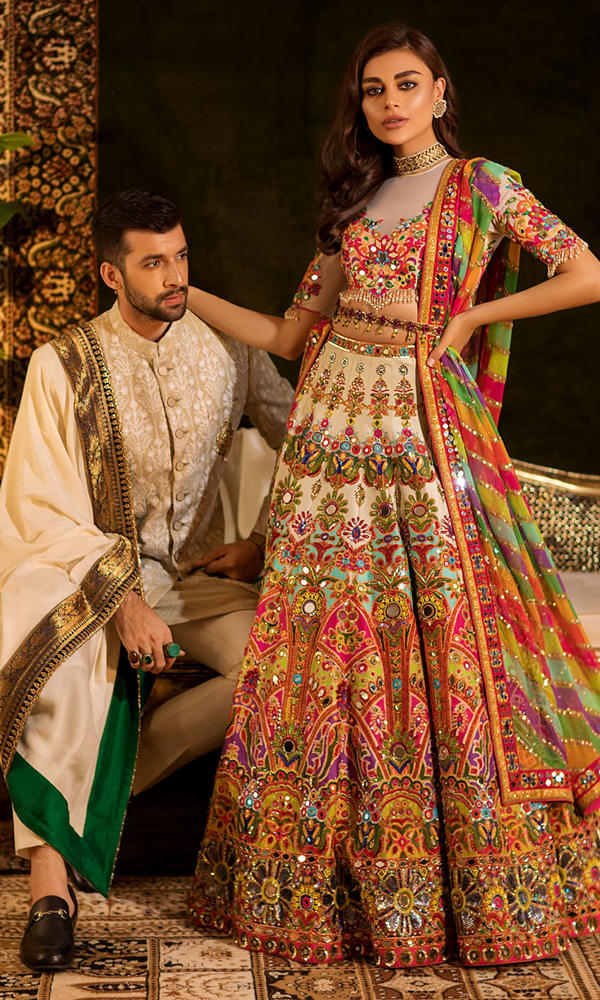 Pakistani Multi-Coloured Embellished Net Organza Bridal Lehenga (3-Piece) - Image 4