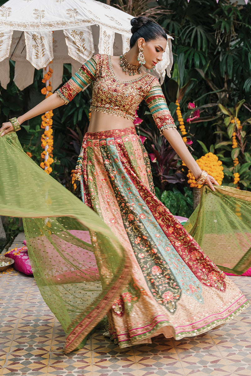 Pakistani Multi-Colour Embroidered Silk Lehenga Choli (3-Piece) - Image 2