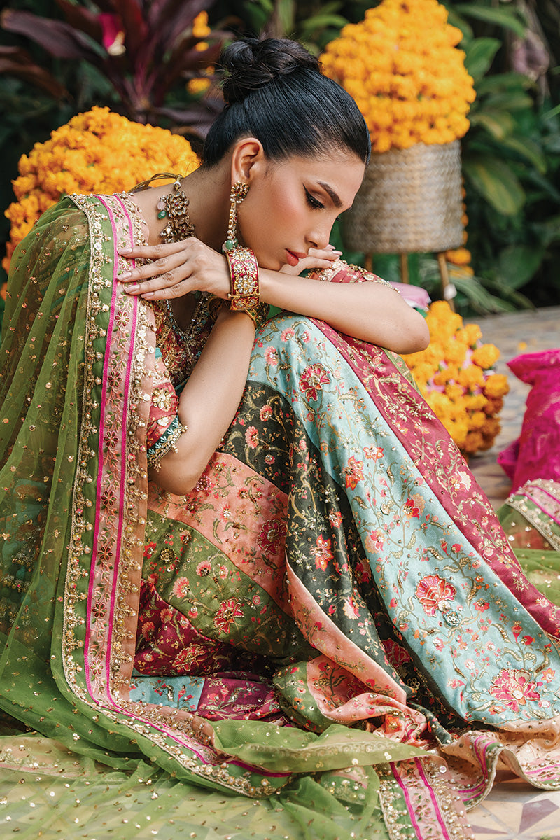 Pakistani Multi-Colour Embroidered Silk Lehenga Choli (3-Piece) - Image 6