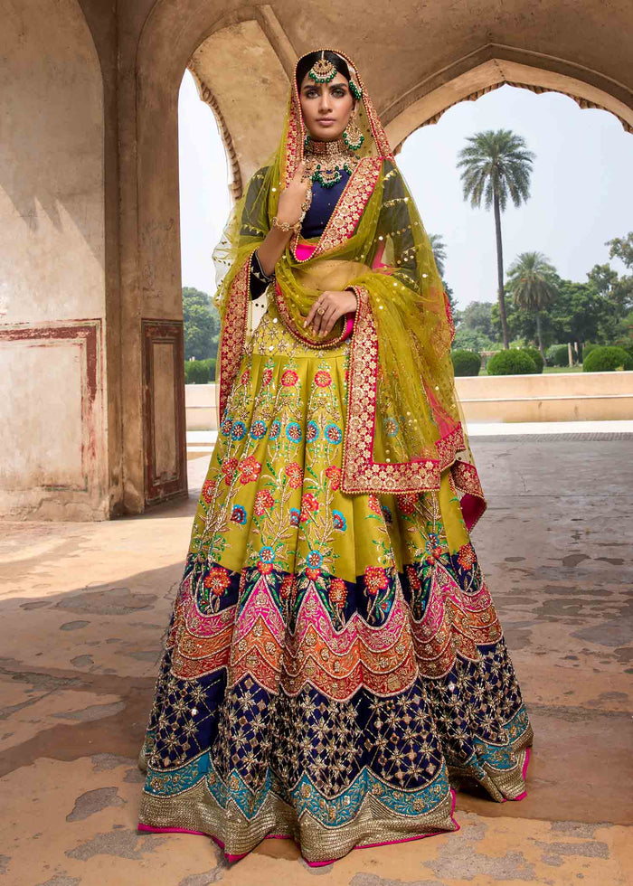 Multicolour Embroidered Silk Lehenga Choli (3-Piece) - Image 4