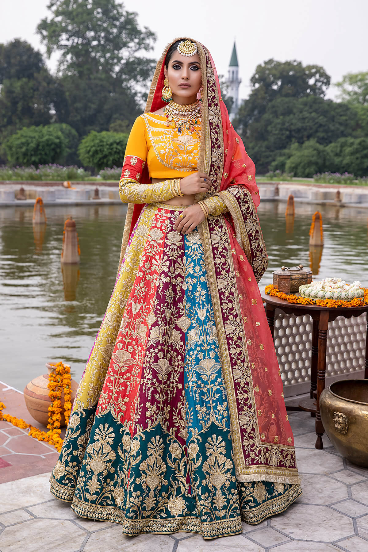 Multicolour Embroidered Silk & Organza Lehenga Choli (3-Piece) - Image 1