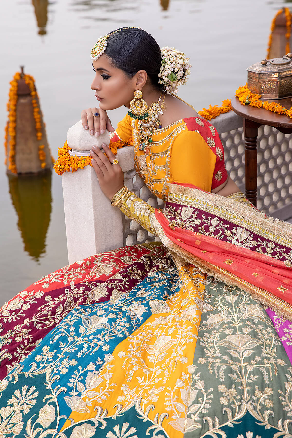 Multicolour Embroidered Silk & Organza Lehenga Choli (3-Piece) - Image 2