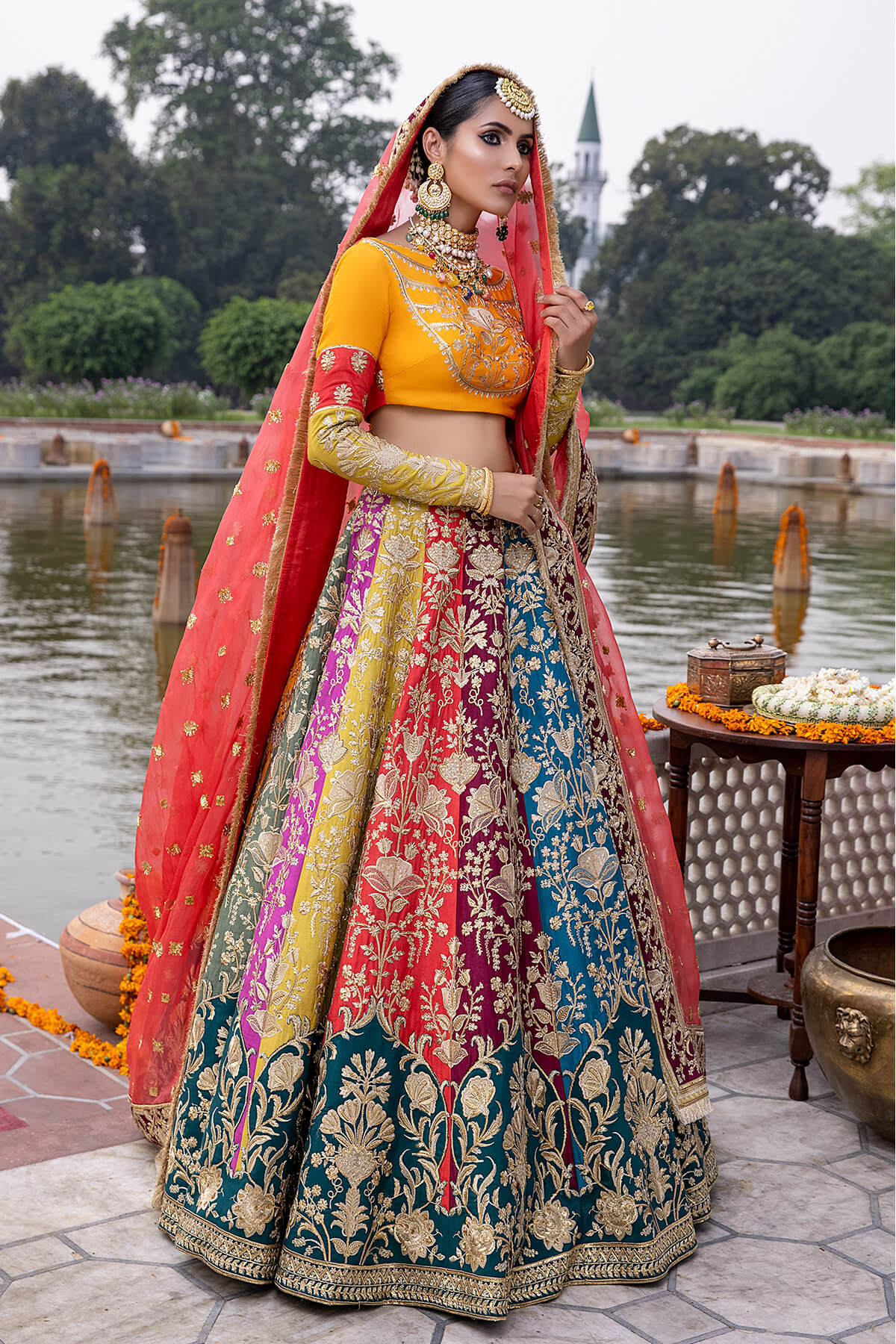 Multicolour Embroidered Silk & Organza Lehenga Choli (3-Piece) - Image 3