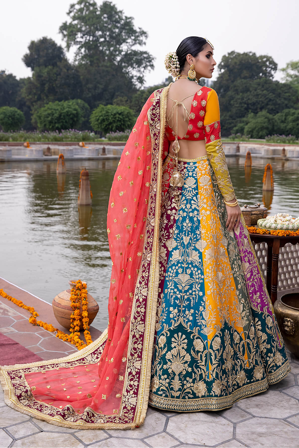 Multicolour Embroidered Silk & Organza Lehenga Choli (3-Piece) - Image 4
