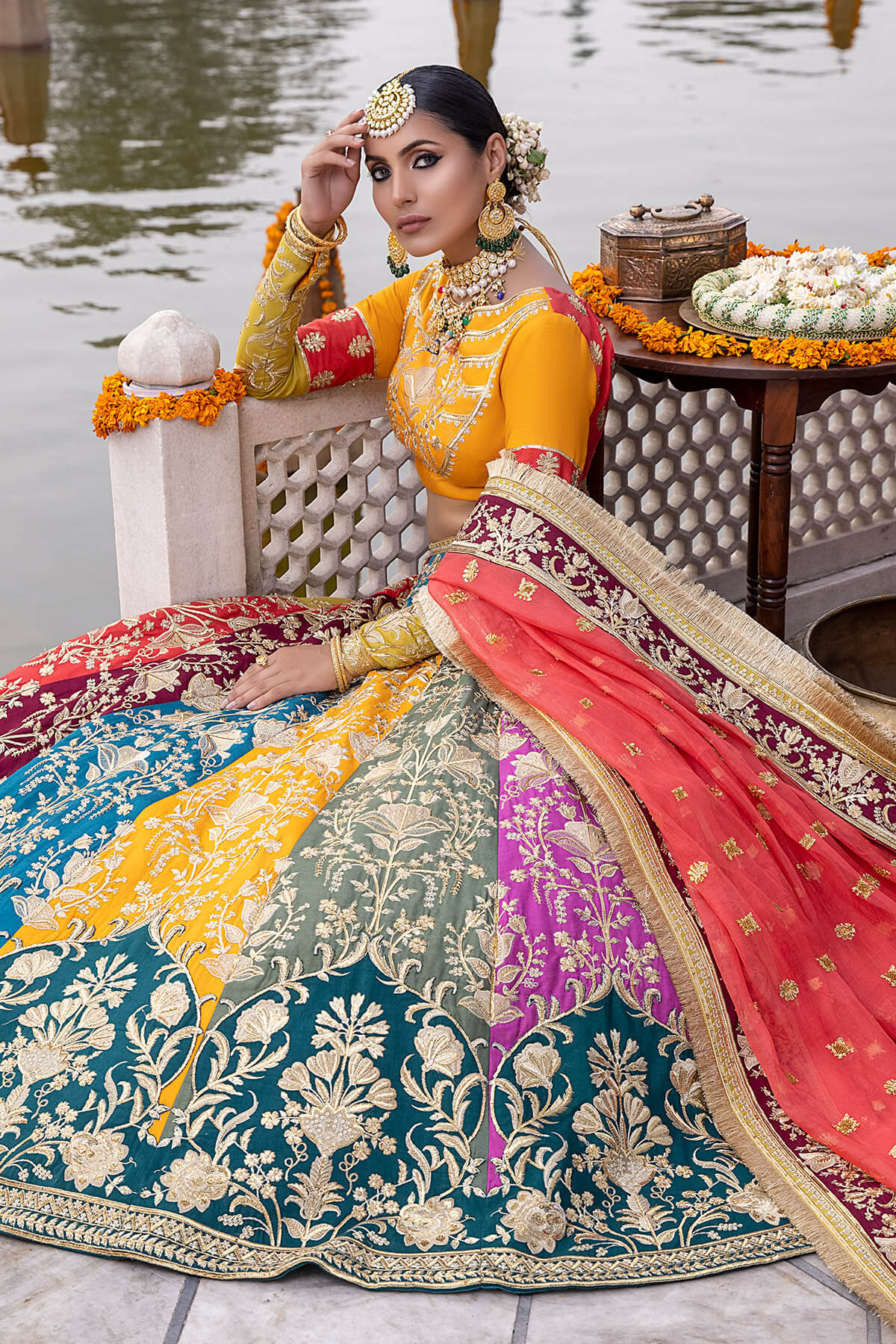 Multicolour Embroidered Silk & Organza Lehenga Choli (3-Piece) - Image 5