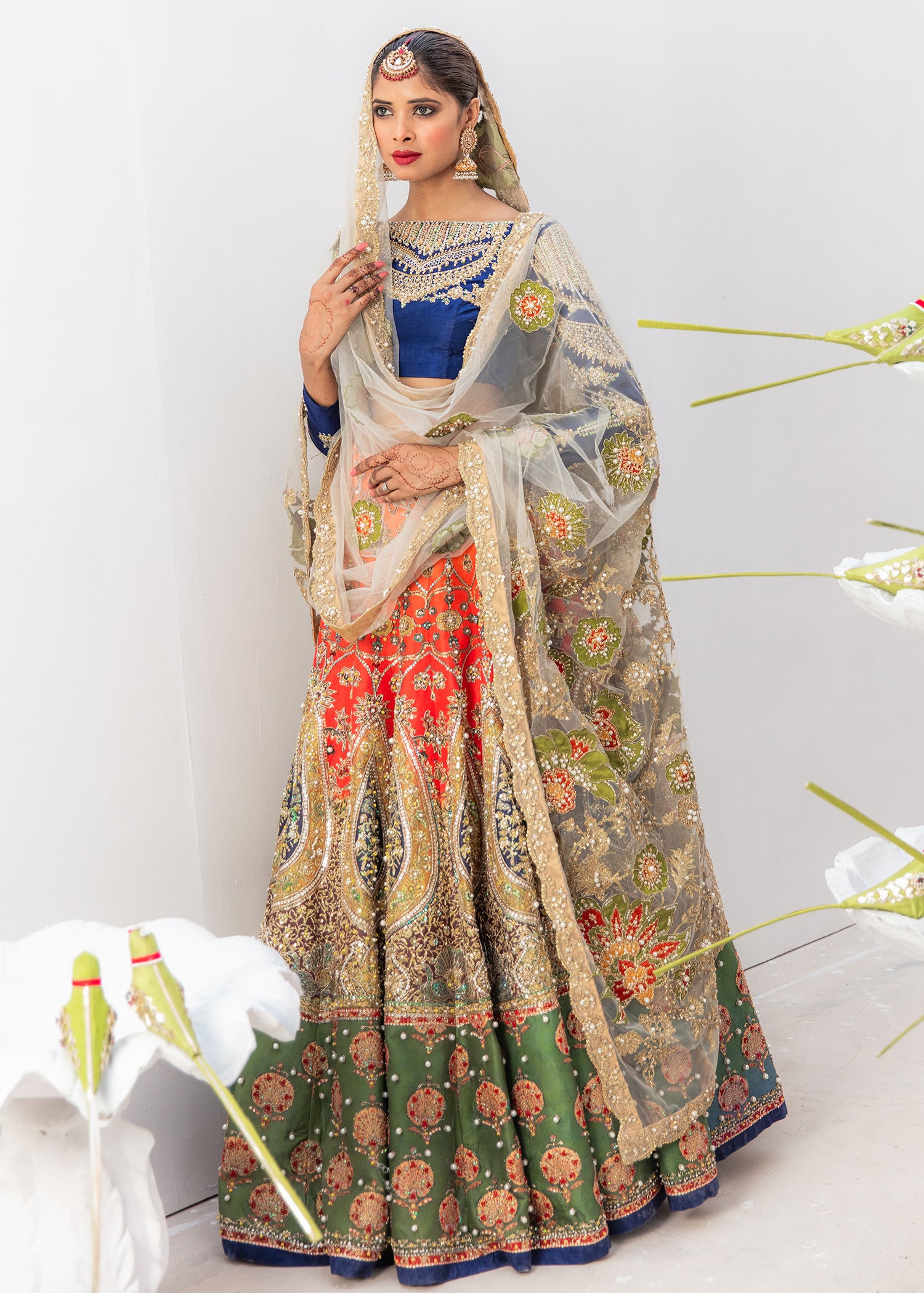 Pakistani Multi-Colour Embroidered Silk-Satin Lehenga (3-Piece) - Image 1