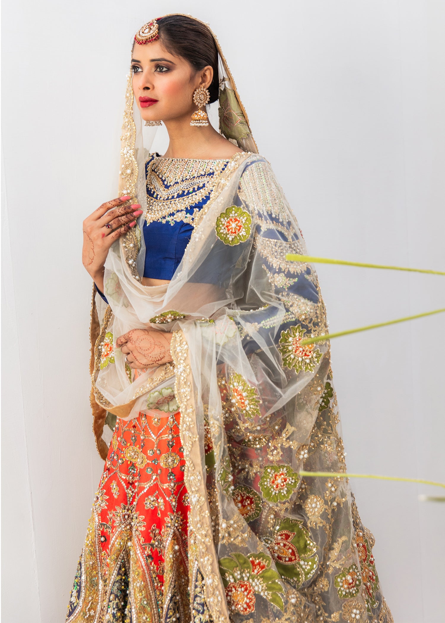 Pakistani Multi-Colour Embroidered Silk-Satin Lehenga (3-Piece) - Image 3
