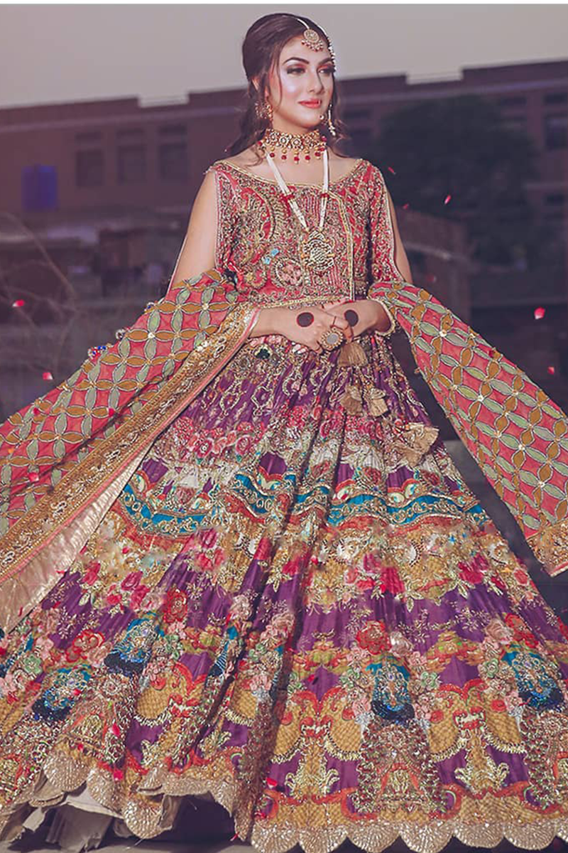 Pakistani Multicolour Embellished Silk Bridal Lehenga (3-Piece) - Image 1