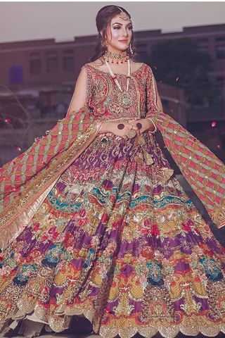 Pakistani Multicolour Embellished Silk Bridal Lehenga (3-Piece) - Image 2