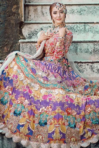 Pakistani Multicolour Embellished Silk Bridal Lehenga (3-Piece) - Image 3