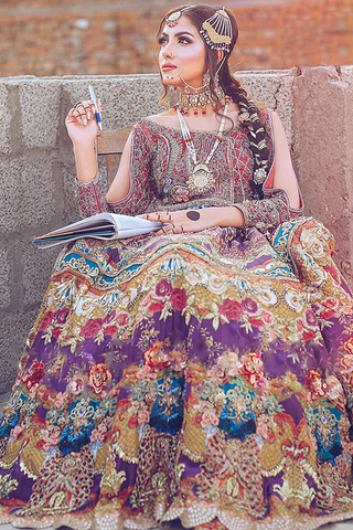 Pakistani Multicolour Embellished Silk Bridal Lehenga (3-Piece) - Image 5