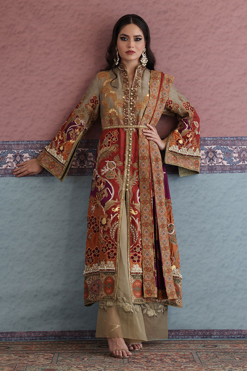 Pakistani Multi-Colour Zardozi Embroidered Silk Long Shirt (3-Piece) - Image 1