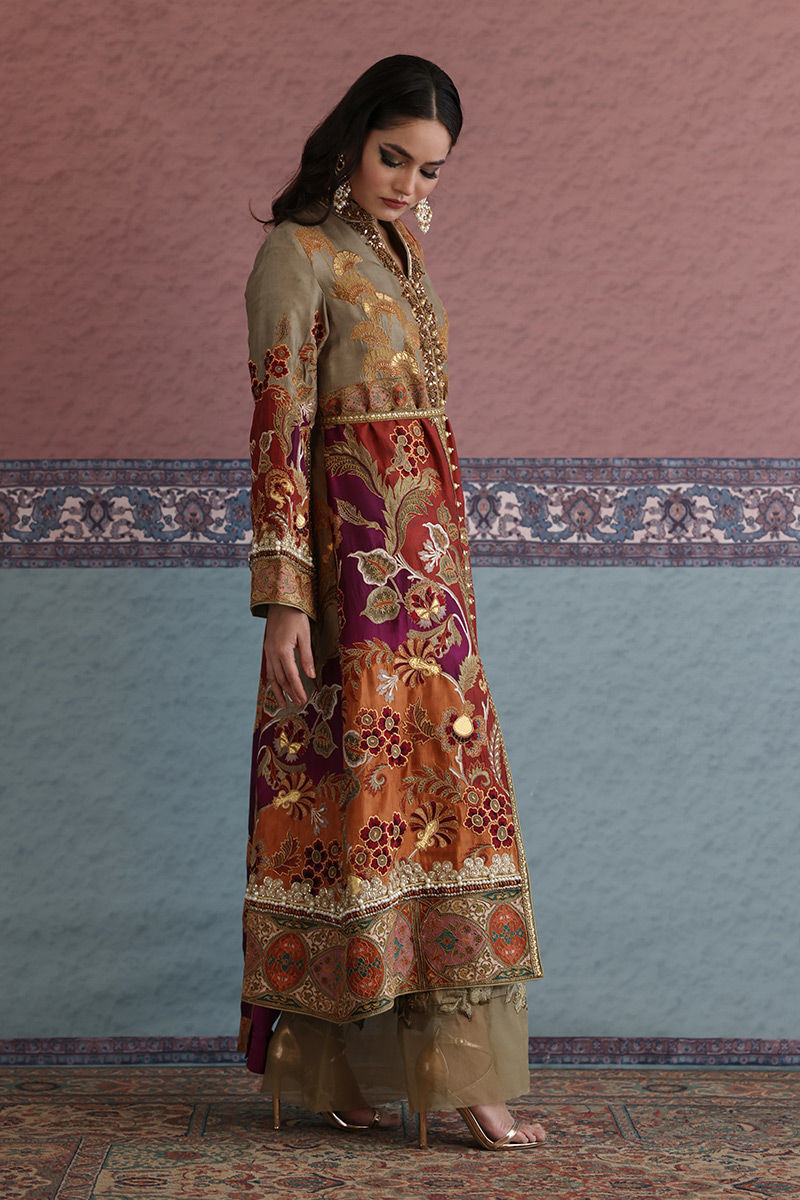 Pakistani Multi-Colour Zardozi Embroidered Silk Long Shirt (3-Piece) - Image 2