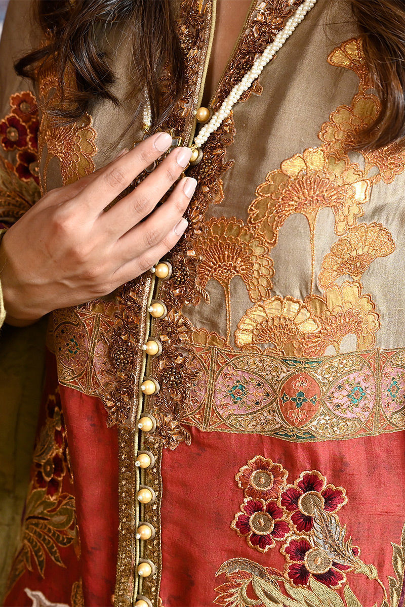 Pakistani Multi-Colour Zardozi Embroidered Silk Long Shirt (3-Piece) - Image 4