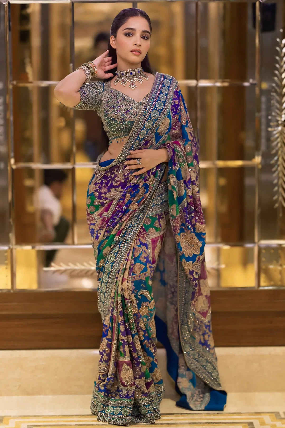 Indian Multicolour Embroidered Crepe Saree (2-Piece) - Image 1