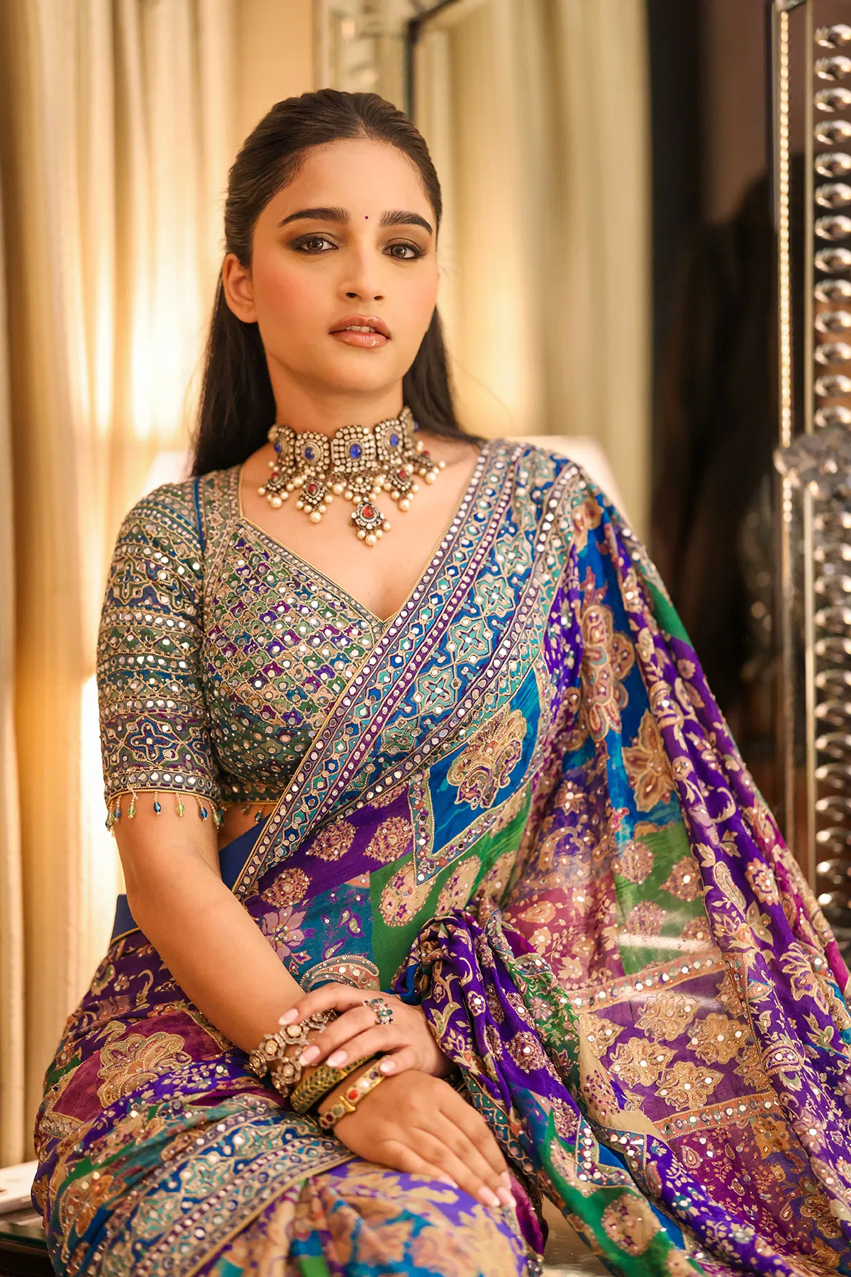 Indian Multicolour Embroidered Crepe Saree (2-Piece) - Image 2