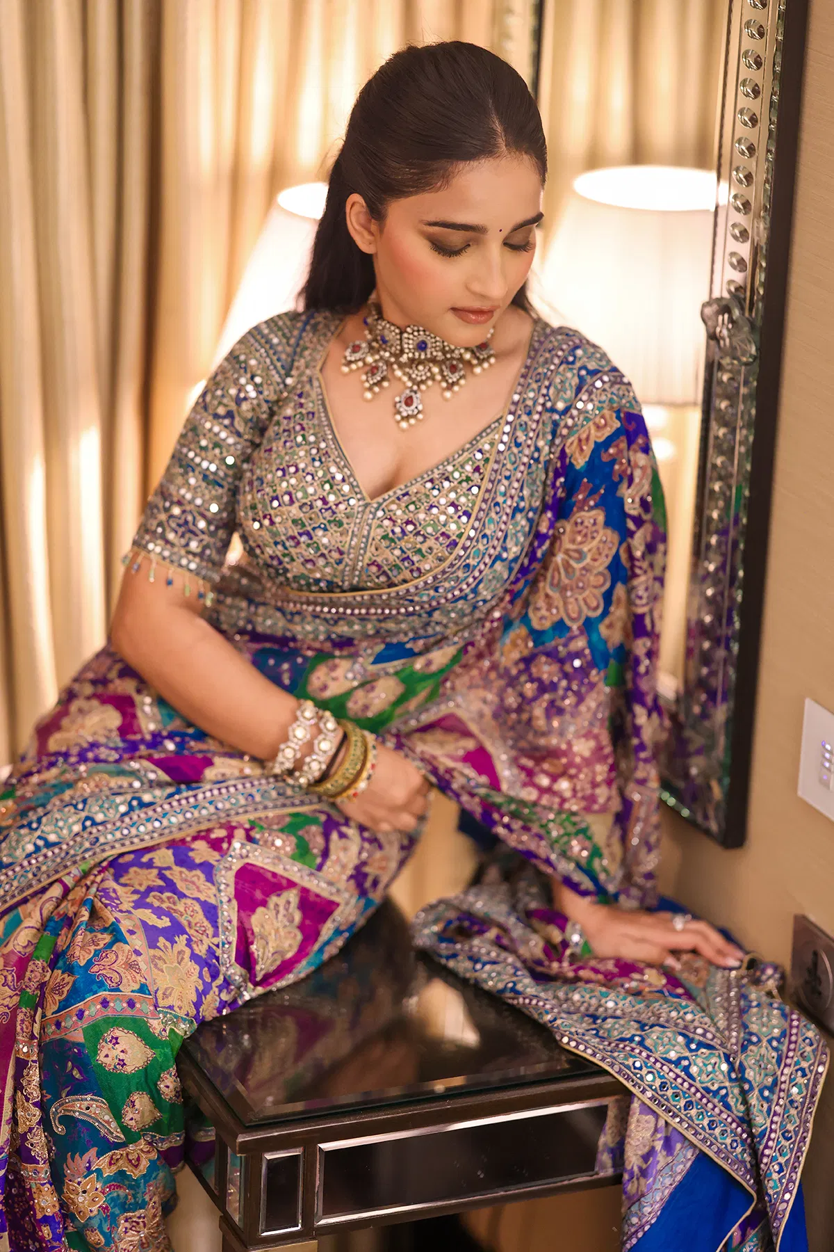 Indian Multicolour Embroidered Crepe Saree (2-Piece) - Image 4