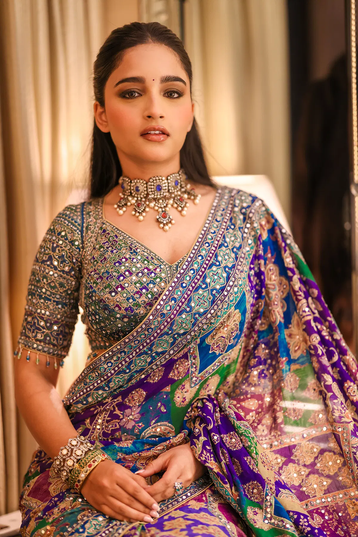 Indian Multicolour Embroidered Crepe Saree (2-Piece) - Image 6