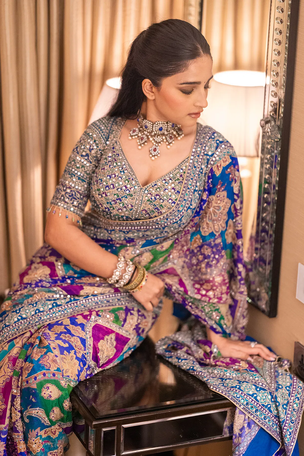 Indian Multicolour Embroidered Crepe Saree (2-Piece) - Image 7