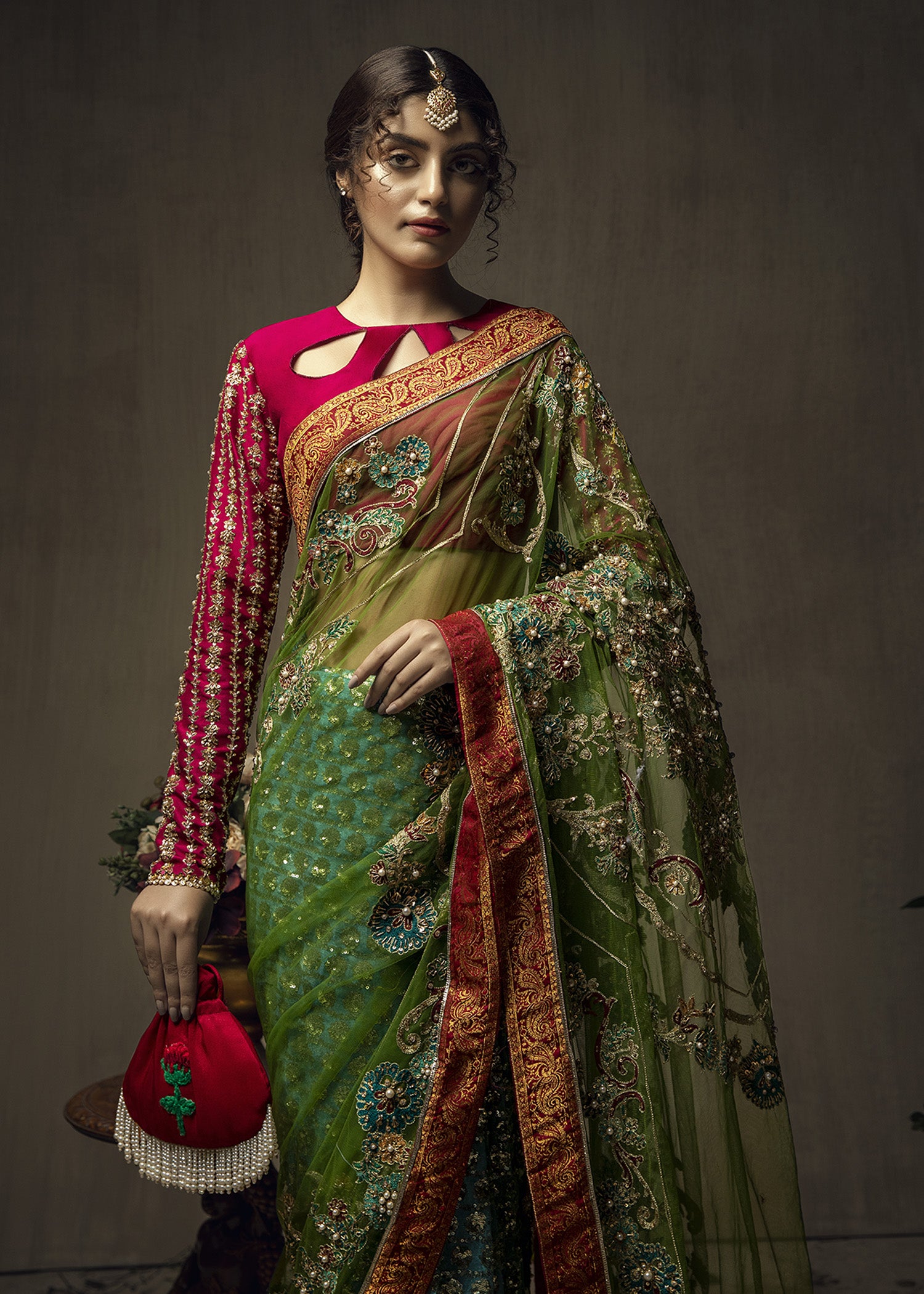 Pakistani Multi-Coloured Embroidered Net Saree (3-Piece) - Image 2
