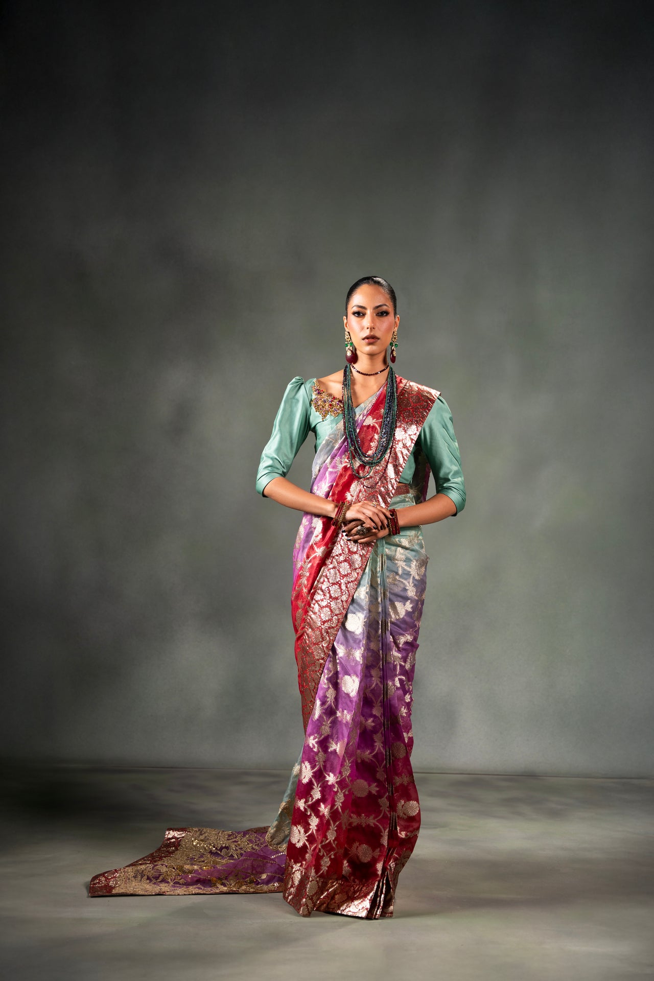 Pakistani Multicolour Embroidered Tinsel Organza Saree (2-Piece) - Image 1