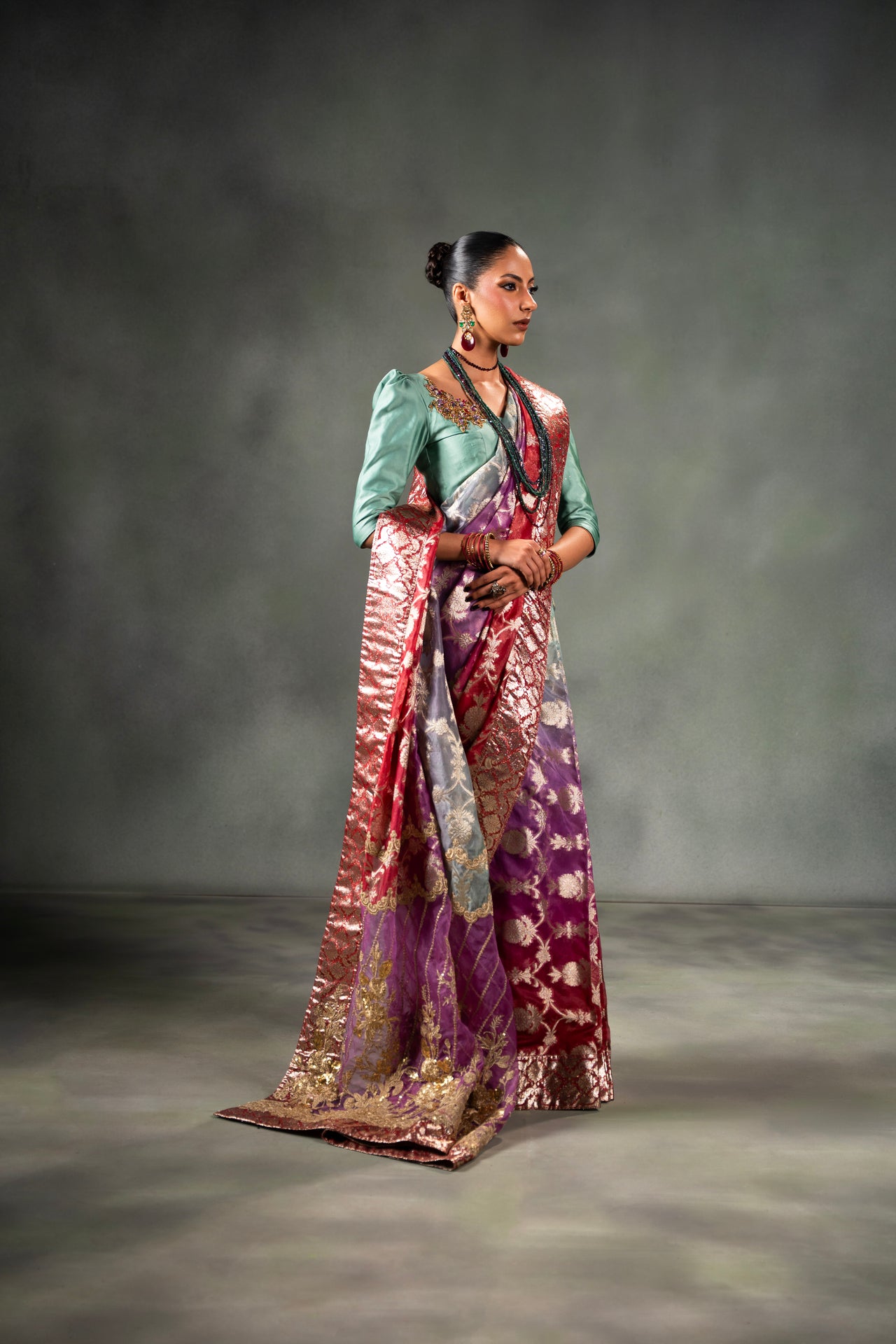 Pakistani Multicolour Embroidered Tinsel Organza Saree (2-Piece) - Image 3