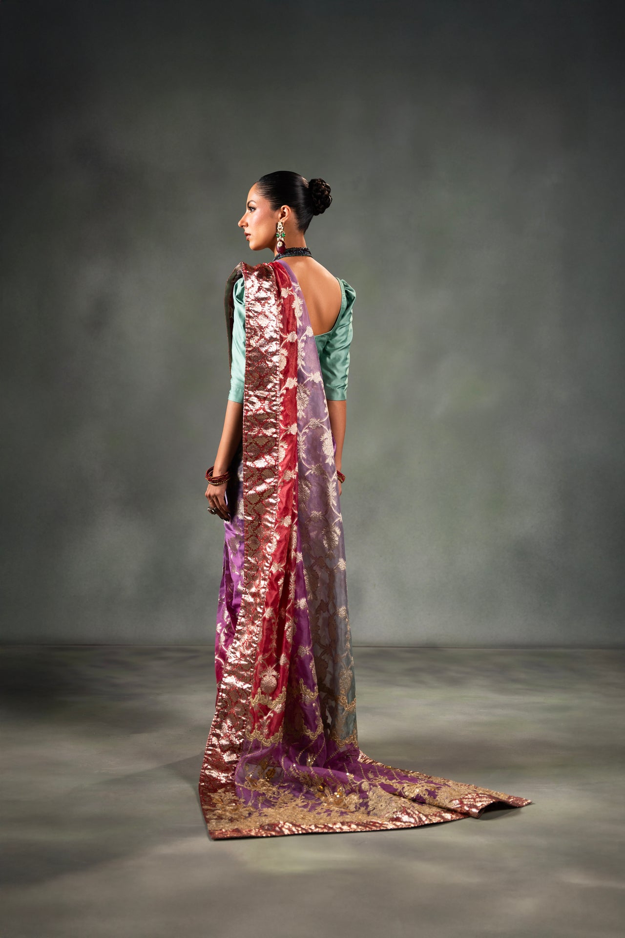 Pakistani Multicolour Embroidered Tinsel Organza Saree (2-Piece) - Image 4