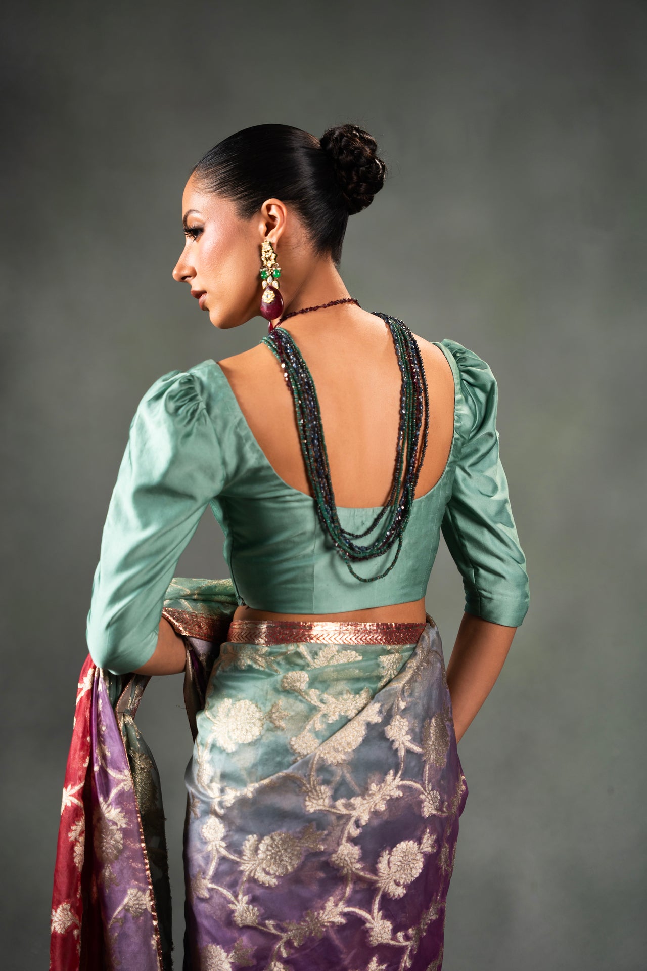 Pakistani Multicolour Embroidered Tinsel Organza Saree (2-Piece) - Image 5