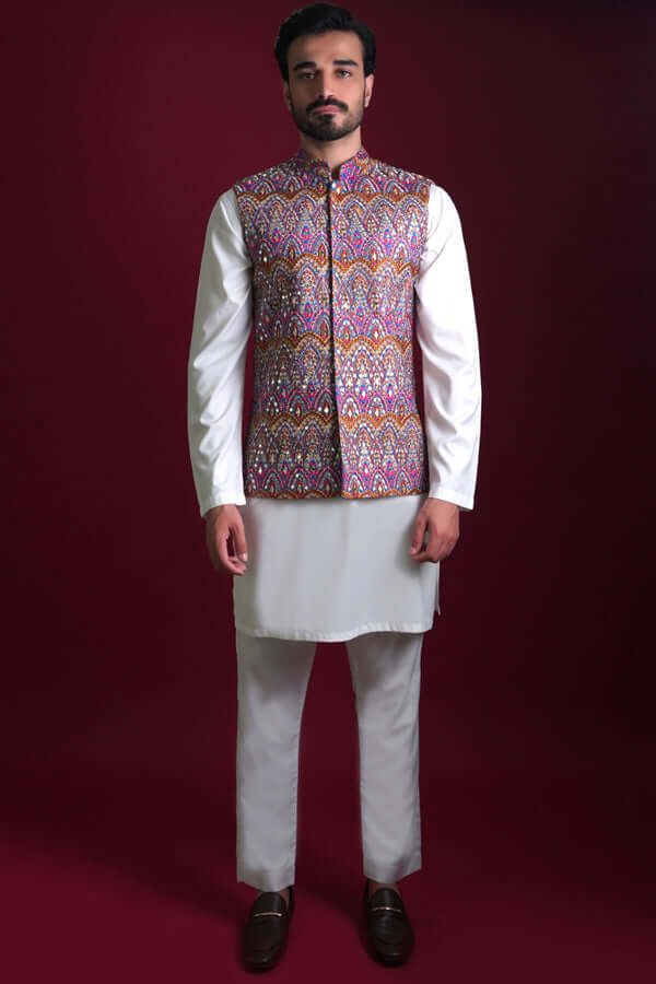 Multicolour Mirror Work Cotton Waistcoat Kurta (3-Piece) - Image 1