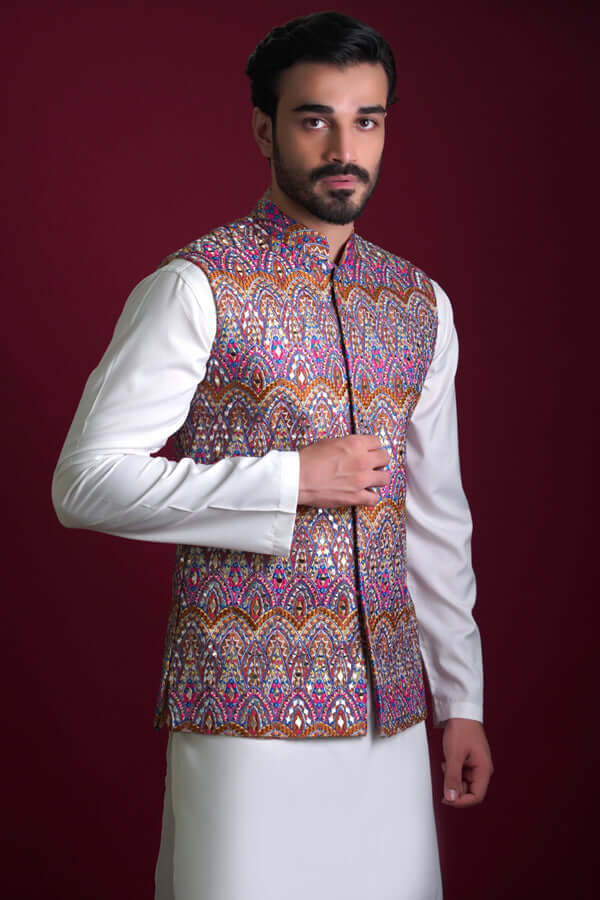 Multicolour Mirror Work Cotton Waistcoat Kurta (3-Piece) - Image 3