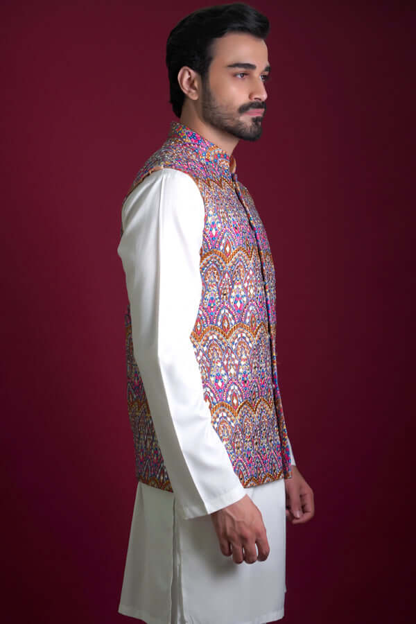 Multicolour Mirror Work Cotton Waistcoat Kurta (3-Piece) - Image 4