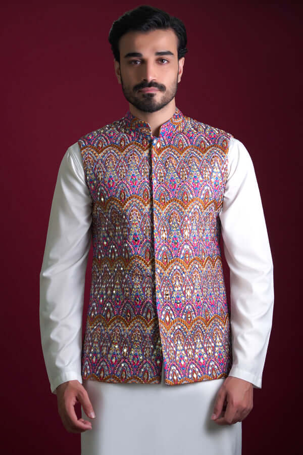 Multicolour Mirror Work Cotton Waistcoat Kurta (3-Piece) - Image 5