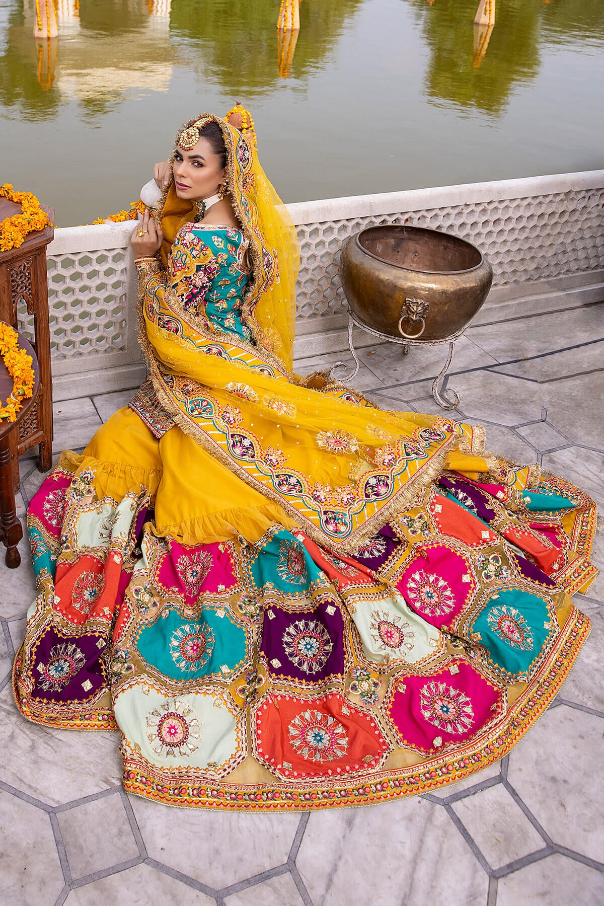 Pakistani Multicolour Embroidered Silk & Organza Gharara (3-Piece) - Image 5