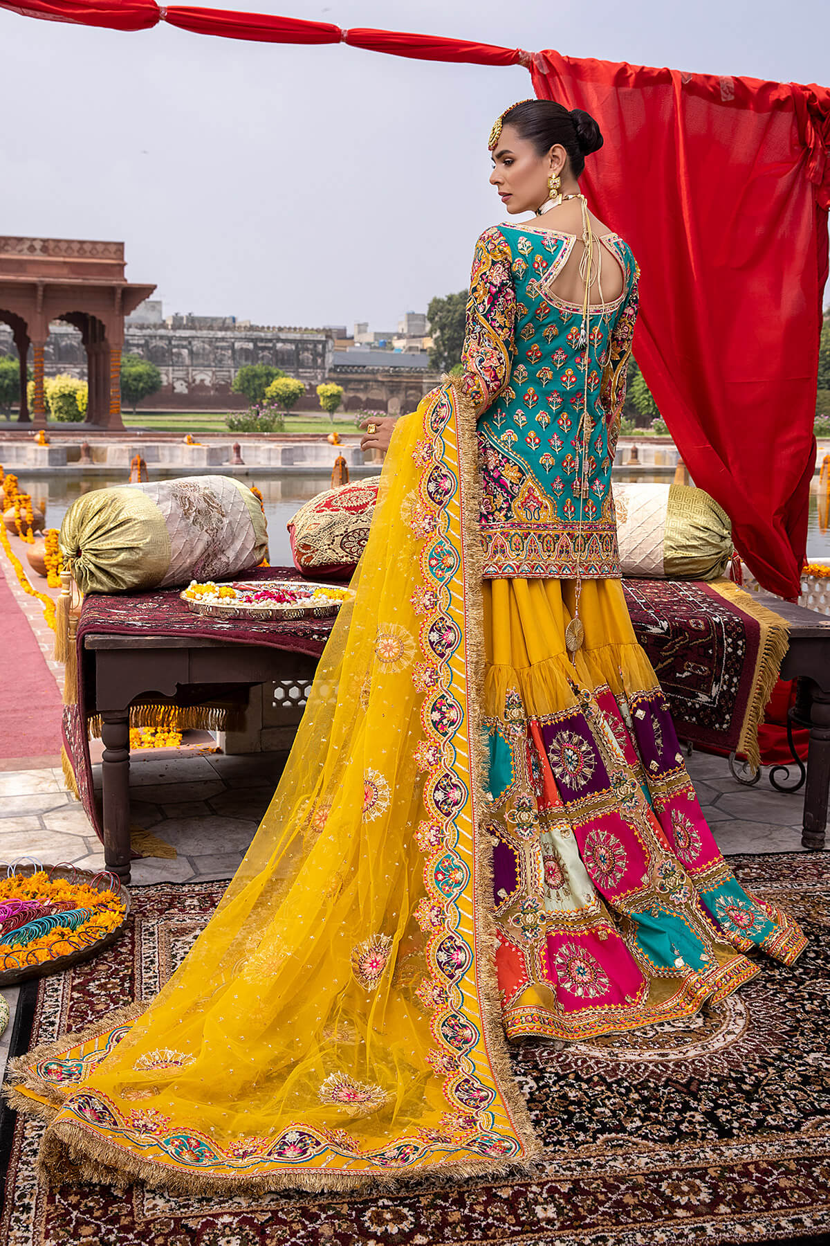 Pakistani Multicolour Embroidered Silk & Organza Gharara (3-Piece) - Image 9