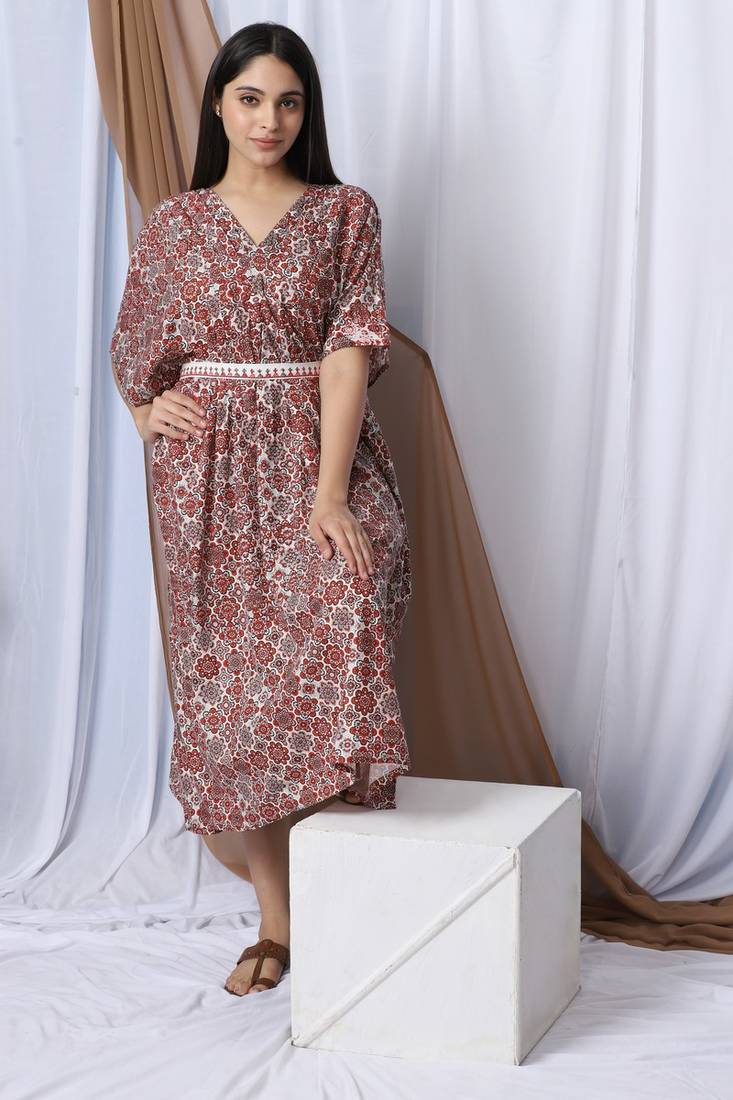 Pakistani Multicoloured Printed Rayon Kaftan with Embroidered Belt (1-Pc) - Image 1