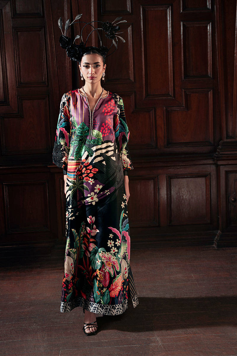 Multicolour Hand-Embellished Satin-Blend Kaftan (1-Pc) - Image 1