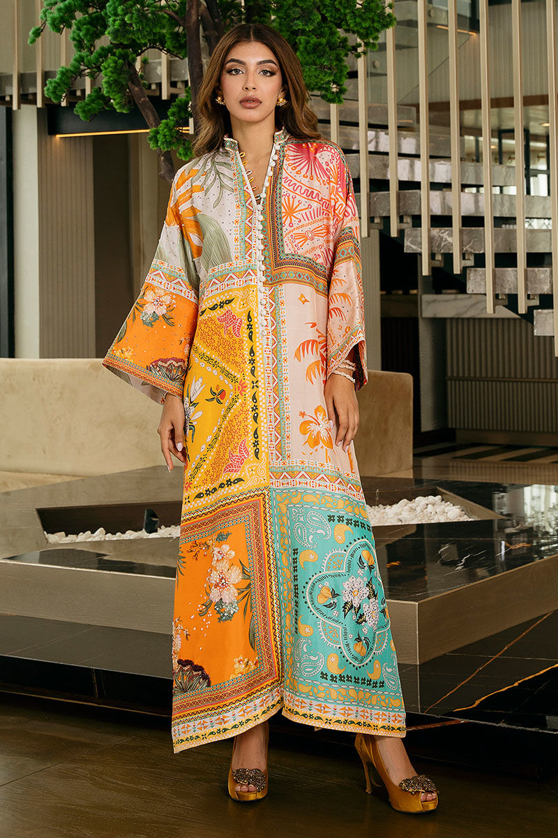 Pakistani Multicolour Block-Print Silk Kaftan (1-Pc) - Image 1