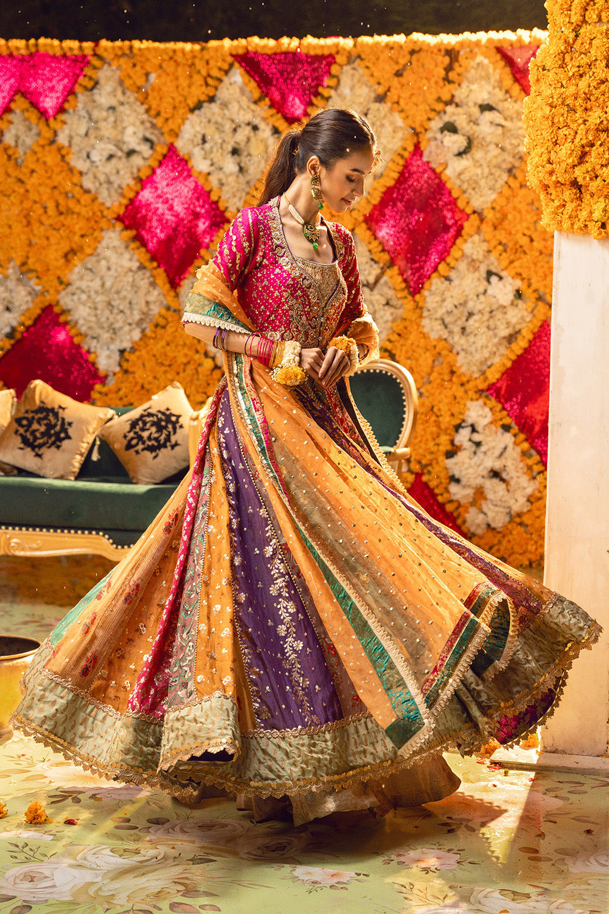 Pakistani Multicolour Zardozi Lorex Kalidar Dress (2-Piece) - Image 1